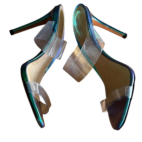 SCHUTZ Iridescent Blue Heels Clear Strappy Design Party Event Women 7B Fairytale - Picture 4 of 9